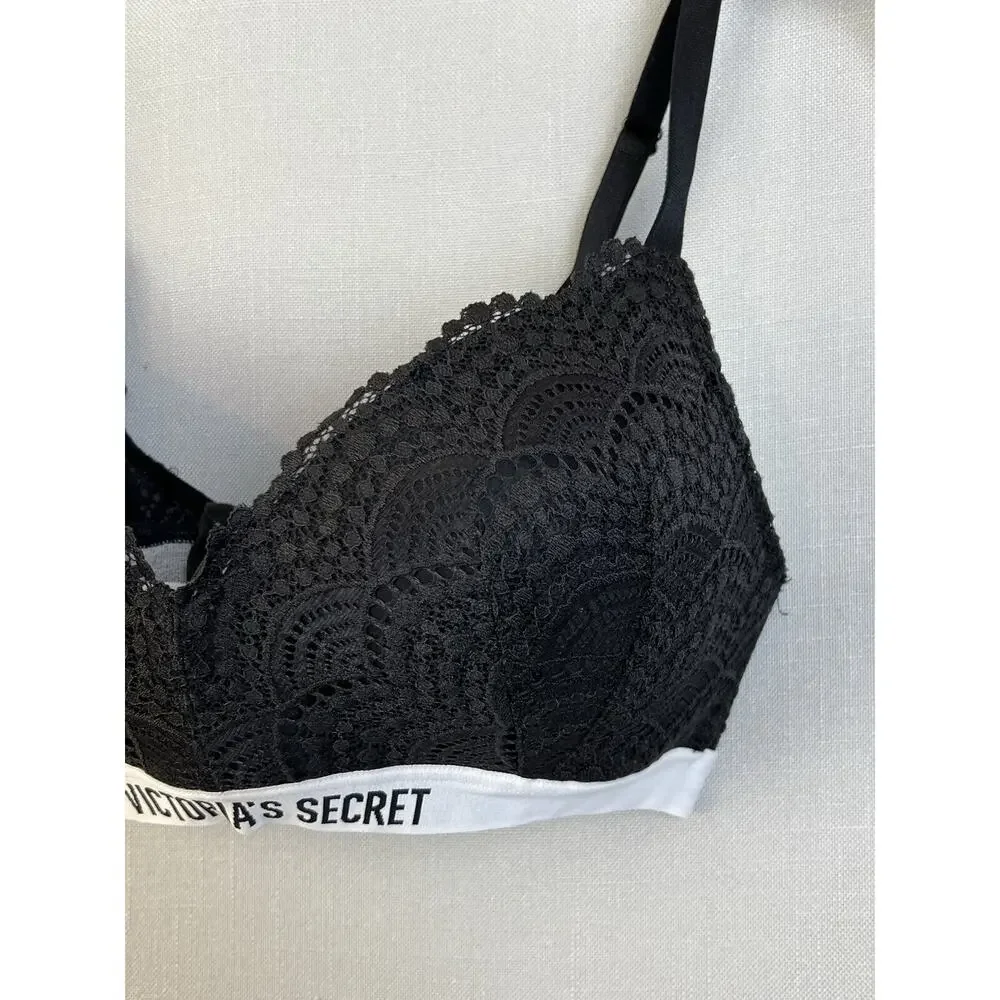 Victoria's Secret Bra Women's 36C Black Lace Lightly Padded No Wire Logo